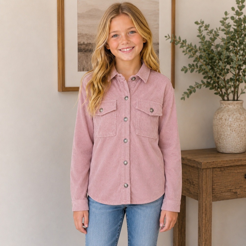 No Comment Girls Pink Corduroy Button Front Shirt Jacket 14‎